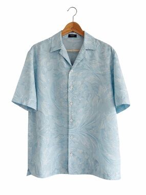 Versace Barocco Silk Short Sleeve Shirt Blue Size 48 (L)